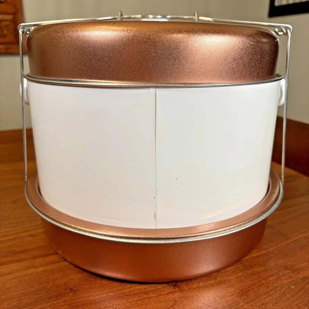 Vintage Triple Decker Food Cake Carrier 1960s 70s Mid Century Copper White